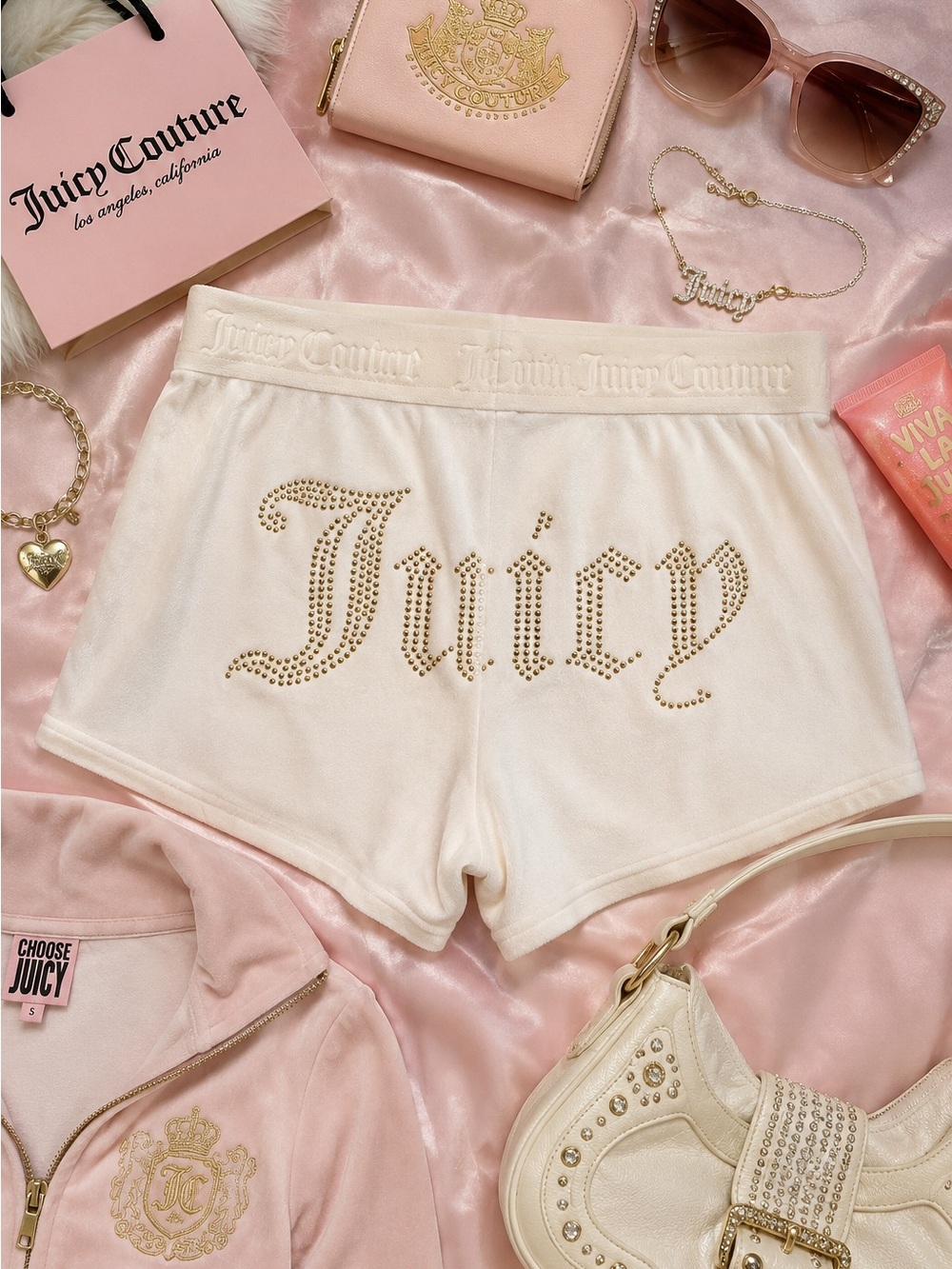 NWT Juicy Couture Cream Rhinestone Logo Lounge Shorts M Mobwife 2000s y2k
